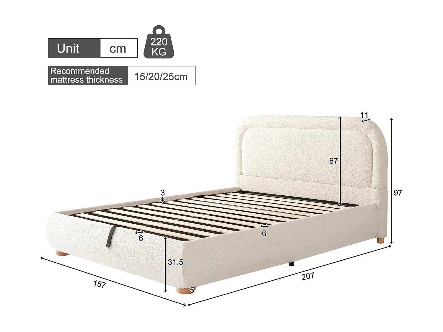 Lit coffre rembourré 140x190 cm - avec sommier à lattes - Tissu bouclé - Beige (matelas non inclus)