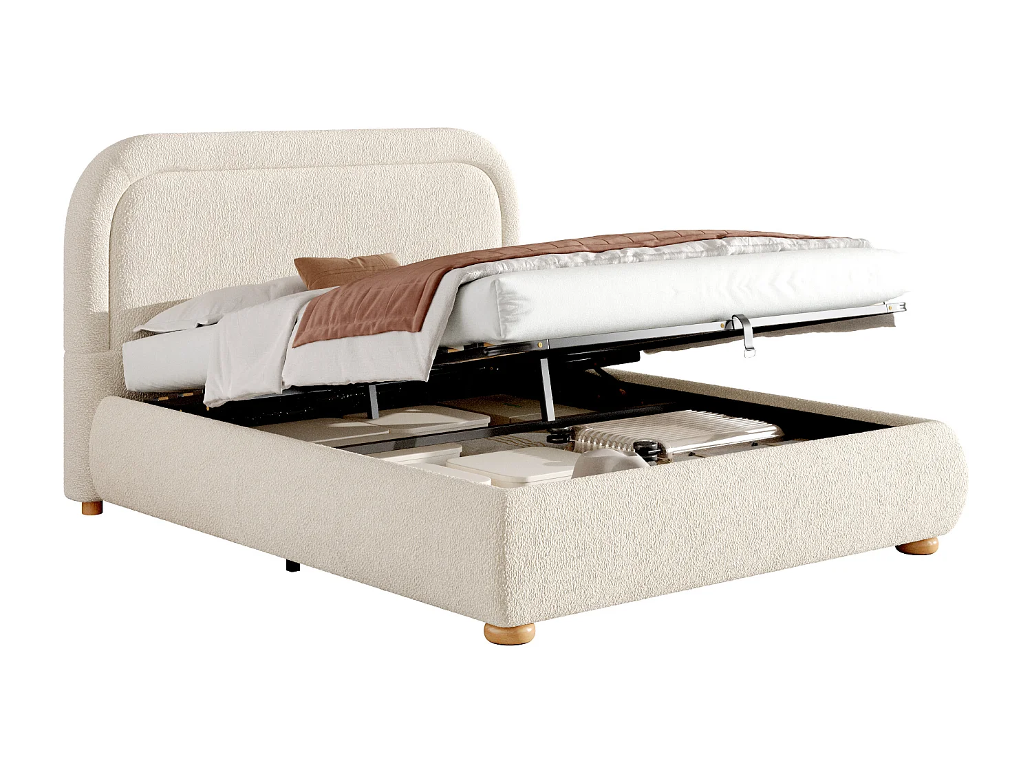 Lit coffre rembourré 140x190 cm - avec sommier à lattes - Tissu bouclé - Beige (matelas non inclus)