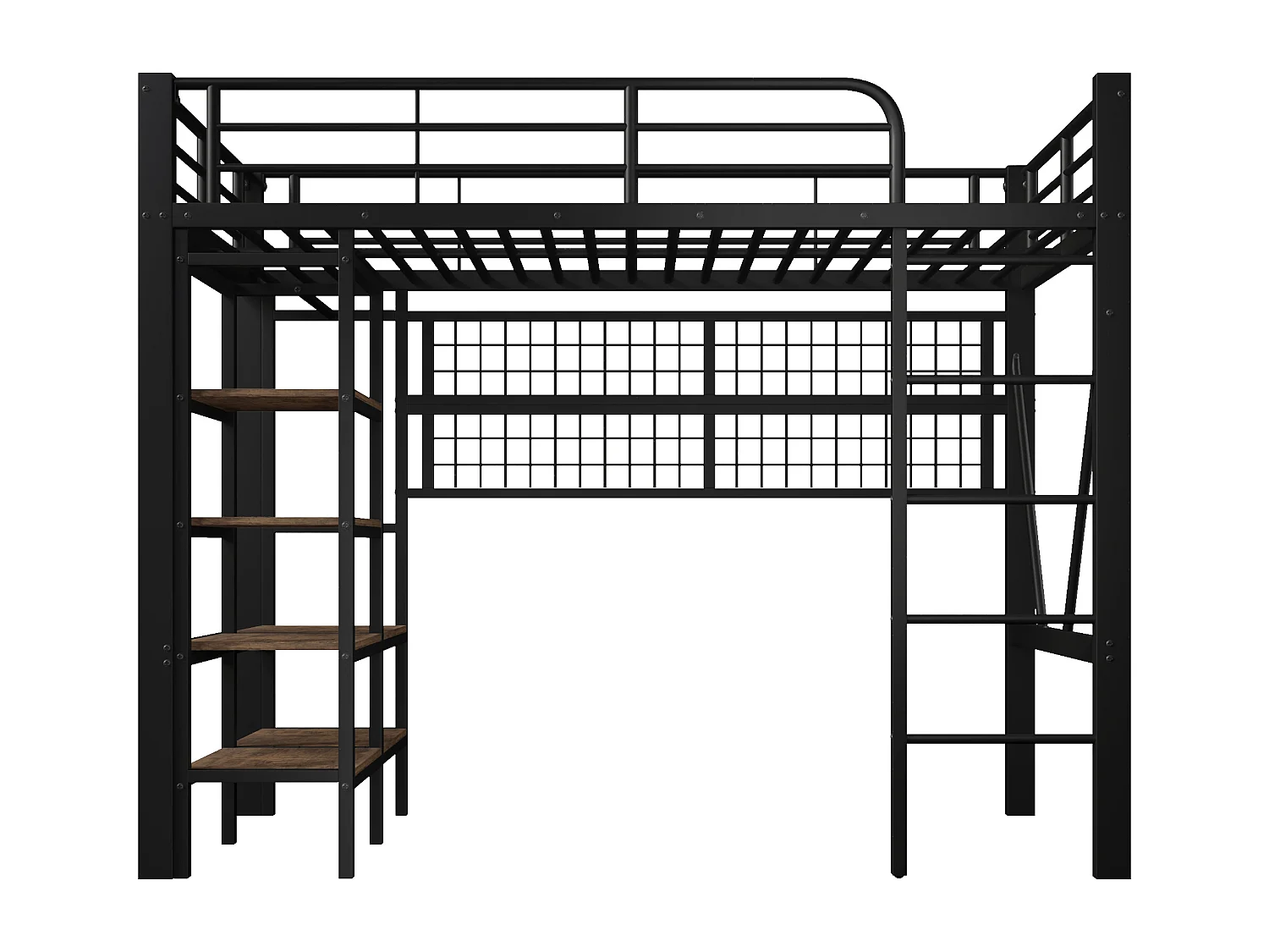 Letto soppalcato 90x200 cm - Struttura in ferro - con scomparti di riporre - con illuminazione LED - Nero​ (materasso non incluso)