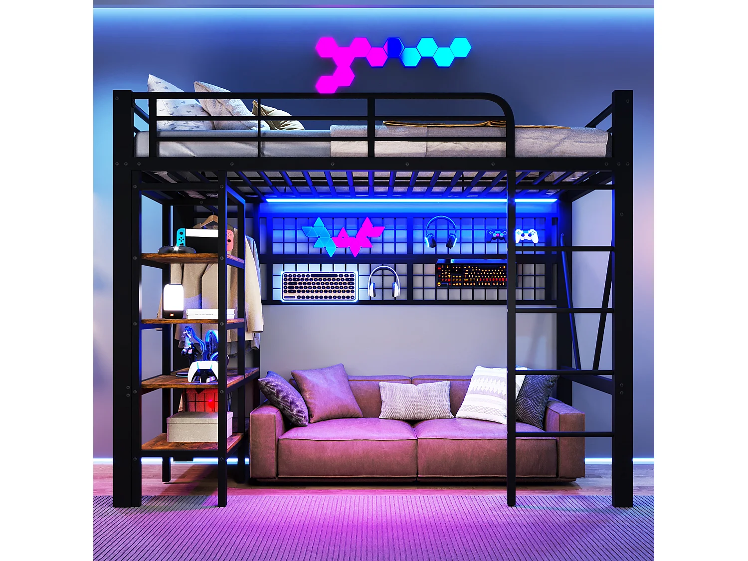 Lit mezzanine 90x200 cm - Structure en fer - avec compartiments de rangement - avec éclairage LED - Noir (matelas non inclus)