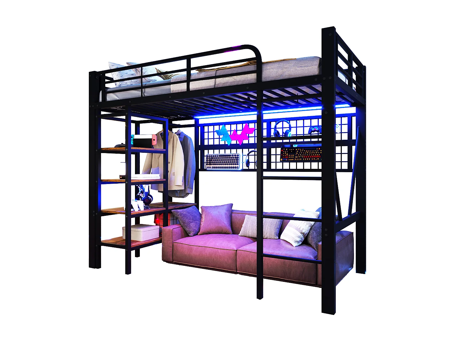 Lit mezzanine 90x200 cm - Structure en fer - avec compartiments de rangement - avec éclairage LED - Noir (matelas non inclus)