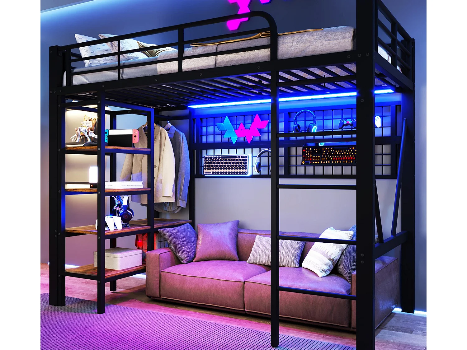 Lit mezzanine 90x200 cm - Structure en fer - avec compartiments de rangement - avec éclairage LED - Noir (matelas non inclus)