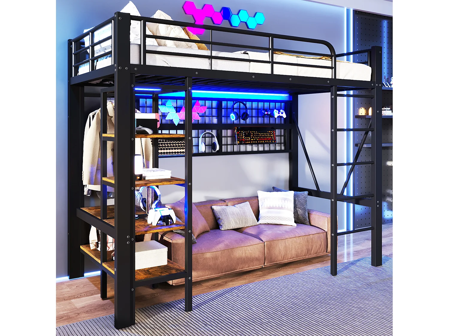 Lit mezzanine 90x200 cm - Structure en fer - avec compartiments de rangement - avec éclairage LED - Noir (matelas non inclus)