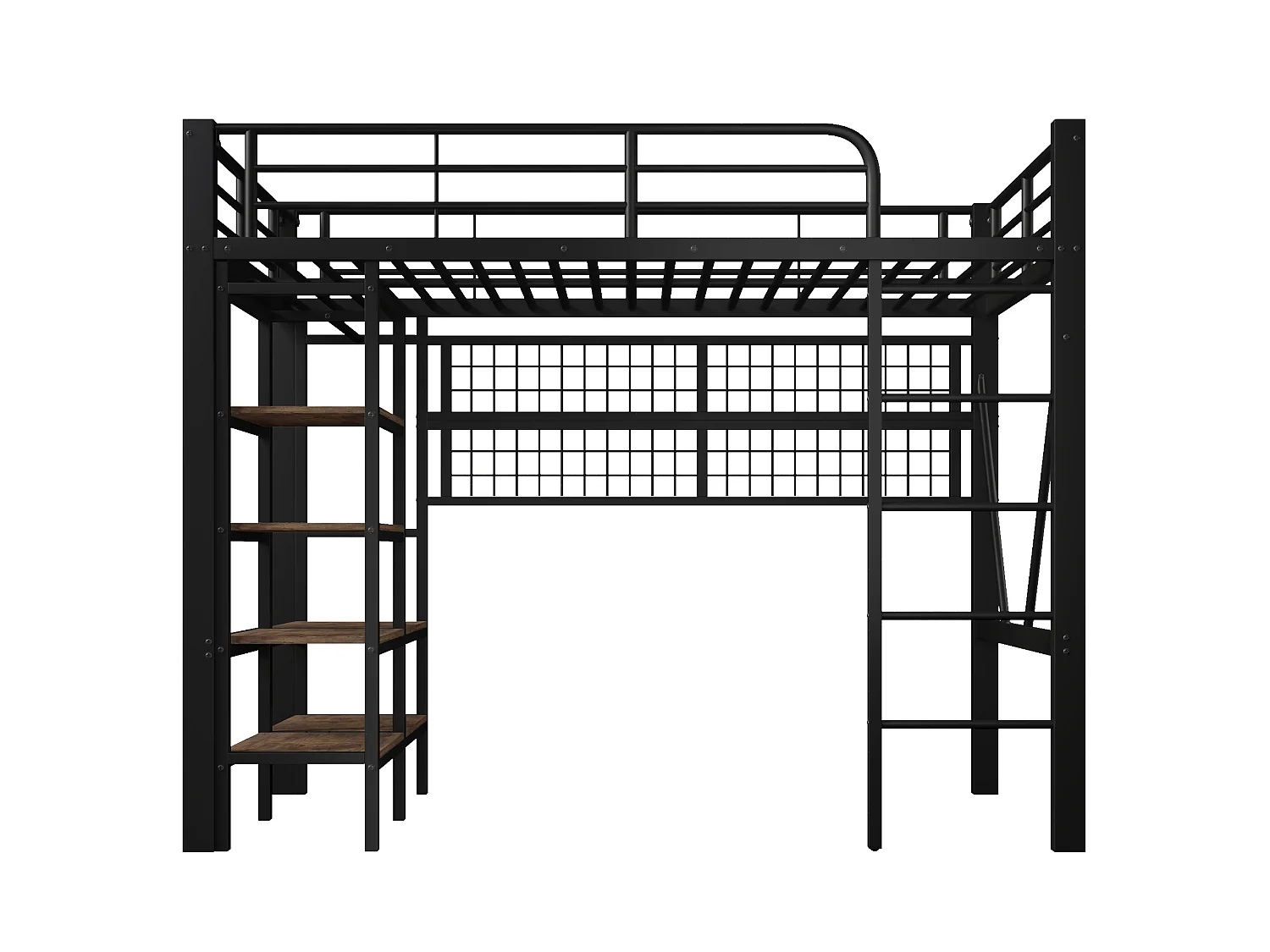 Lit mezzanine 90x200 cm - Structure en fer - avec compartiments de rangement - avec éclairage LED - Noir (matelas non inclus)