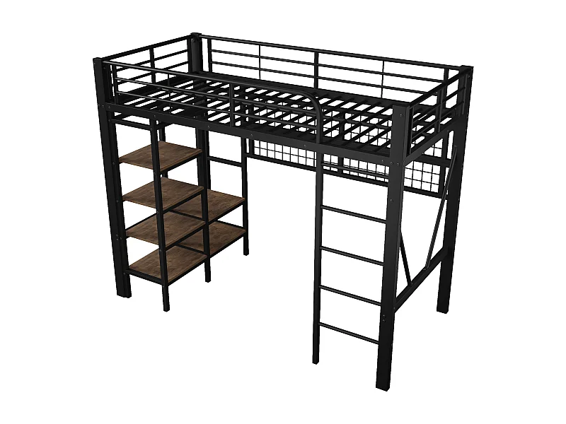 Hochbett 90x200 cm - Stahlkonstruktion - mit Staufächern - mit LED-Beleuchtung - Schwarz​ (Matratze nicht inbegriffen)