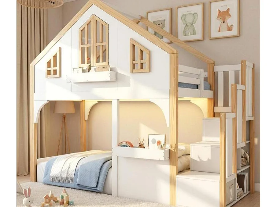 Kinderhochbett 90x200 cm - mit LED - Aufstiegsleiter mit Stauraum - Massivholz und MDF - Weiß + natur​ (ohne Matratze)