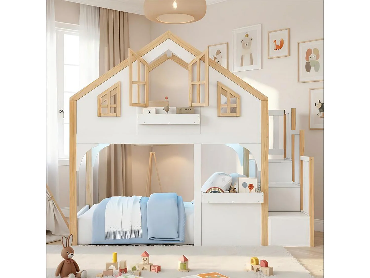 Kinderhochbett 90x200 cm - mit LED - Aufstiegsleiter mit Stauraum - Massivholz und MDF - Weiß + natur​ (ohne Matratze)