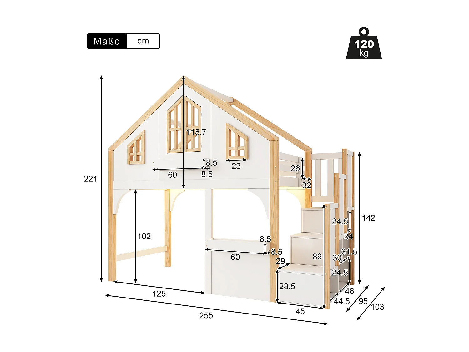 Kinderhochbett 90x200 cm - mit LED - Aufstiegsleiter mit Stauraum - Massivholz und MDF - Weiß + natur​ (ohne Matratze)