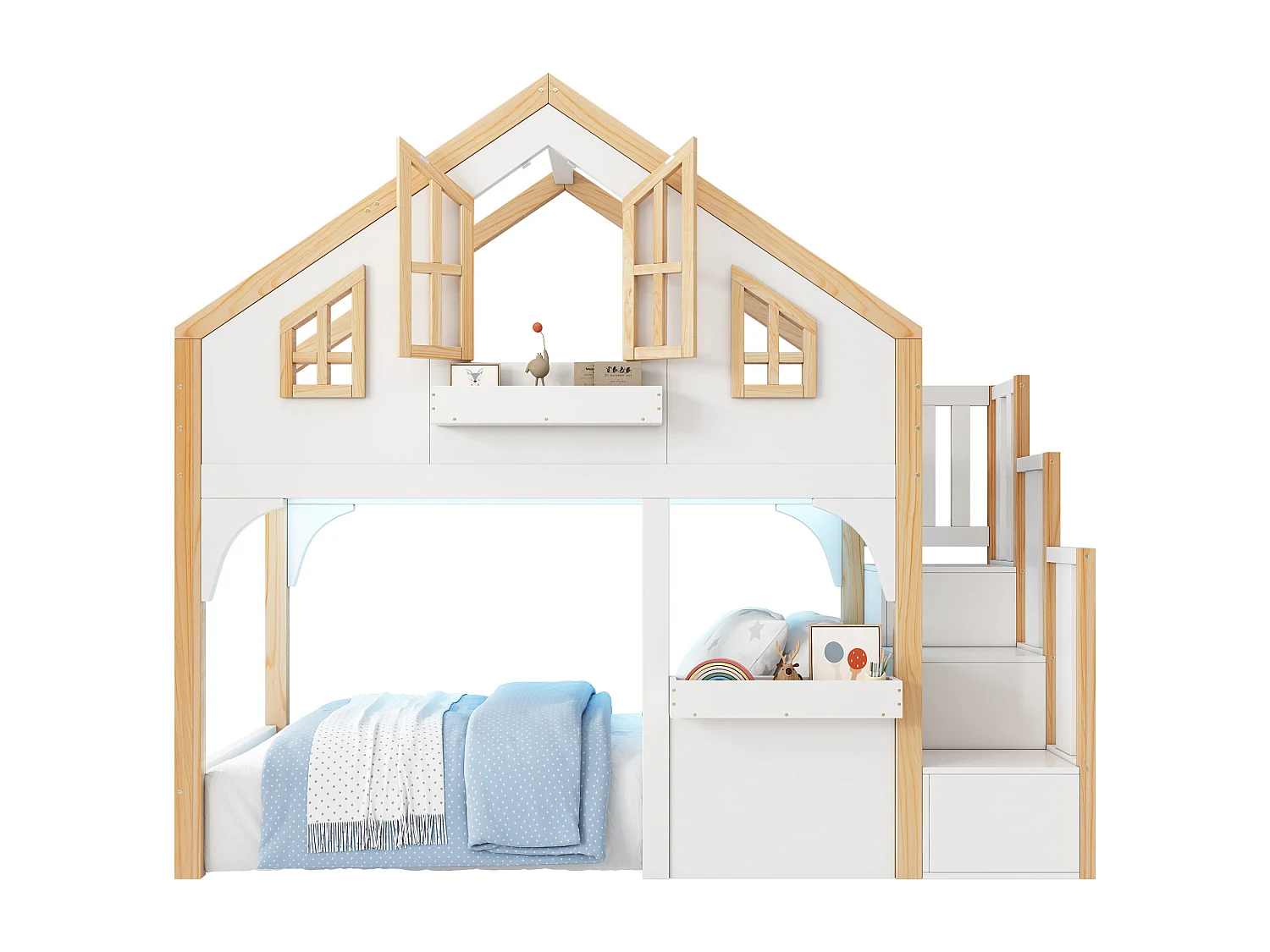 Kinderhochbett 90x200 cm - mit LED - Aufstiegsleiter mit Stauraum - Massivholz und MDF - Weiß + natur​ (ohne Matratze)