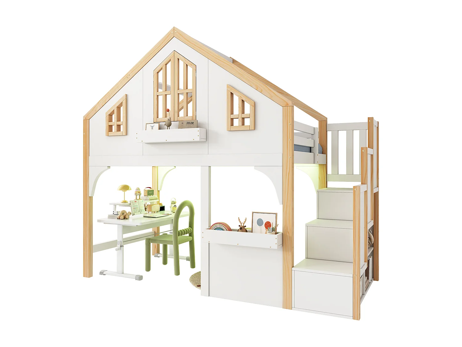 Kinderhochbett 90x200 cm - mit LED - Aufstiegsleiter mit Stauraum - Massivholz und MDF - Weiß + natur​ (ohne Matratze)