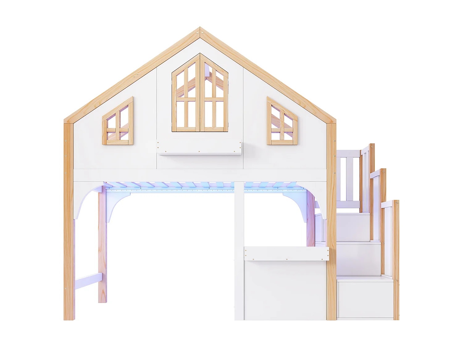 Kinderhochbett 90x200 cm - mit LED - Aufstiegsleiter mit Stauraum - Massivholz und MDF - Weiß + natur​ (ohne Matratze)