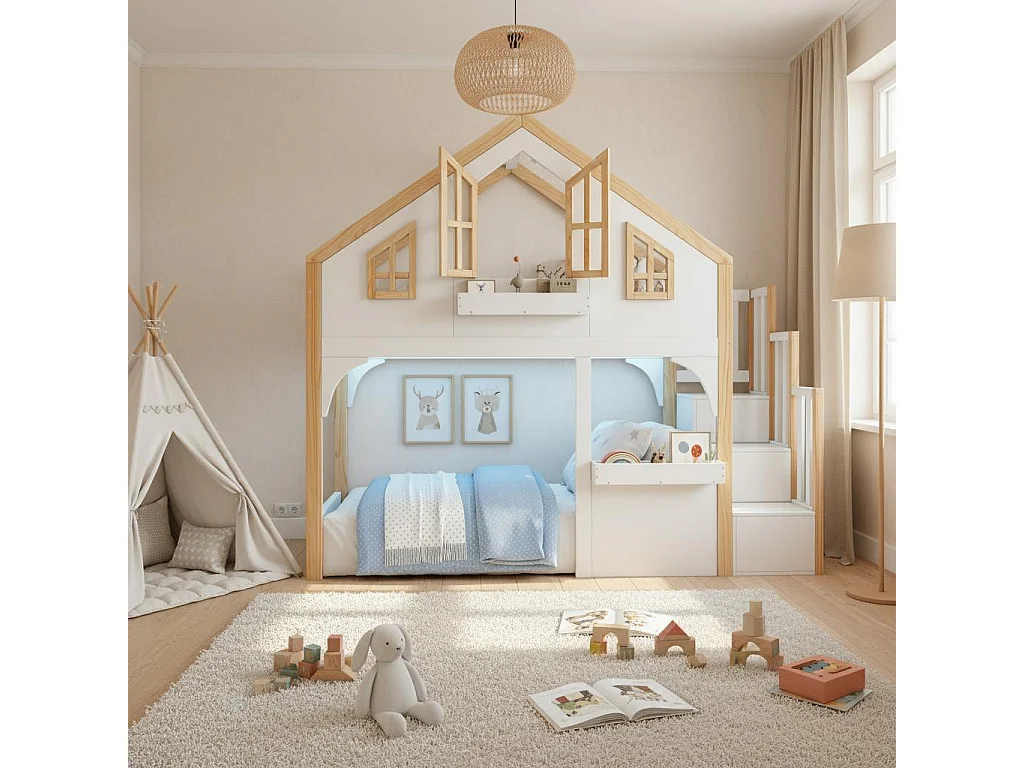 Kinderhochbett 90x200 cm - mit LED - Aufstiegsleiter mit Stauraum - Massivholz und MDF - Weiß + natur​ (ohne Matratze)