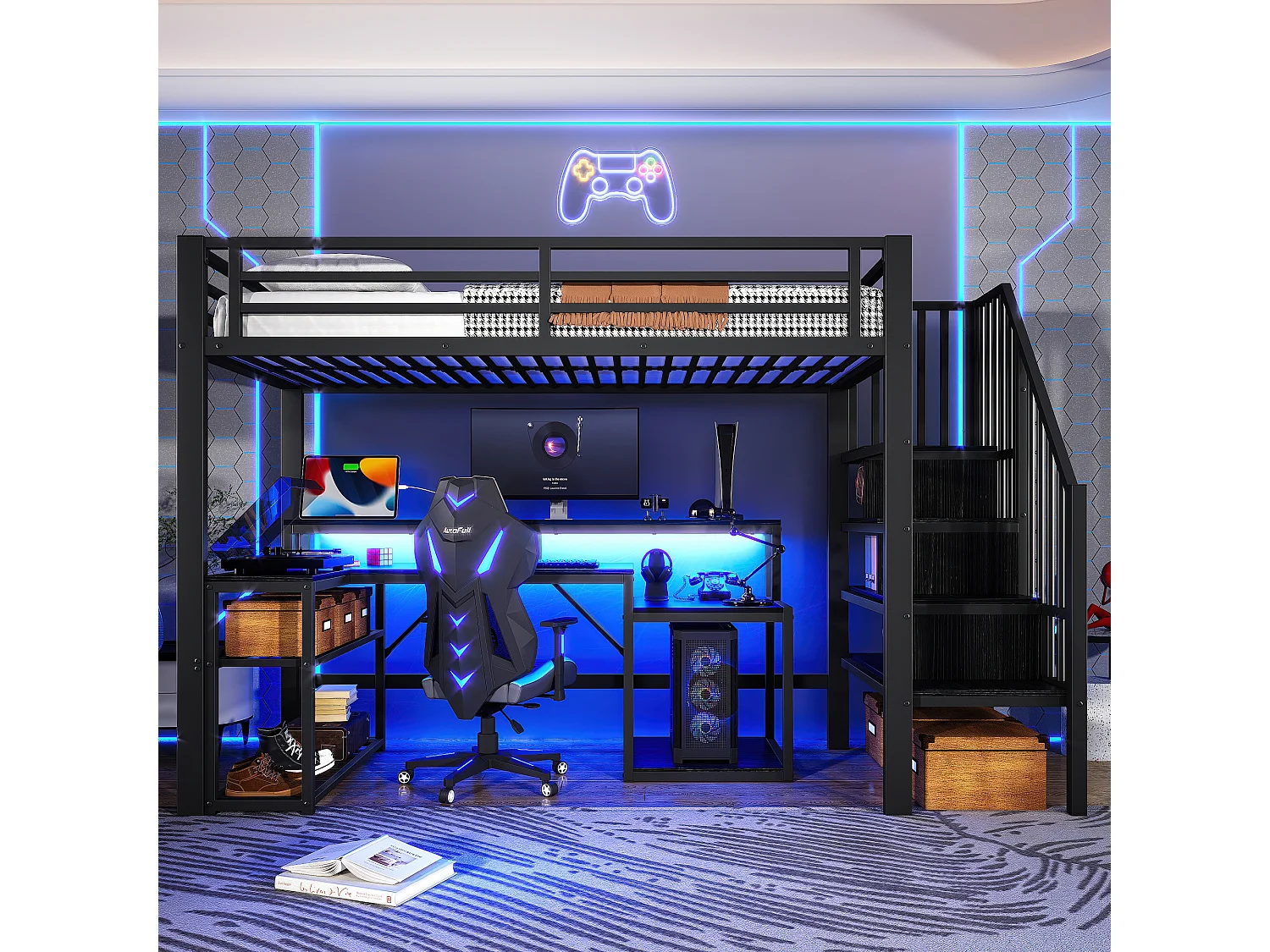 Łóżko na antresoli 90x200 cm - z drabiną bezpieczeństwa - z taśmą LED + biurkiem - z portem USB - czarny​ (materac nie jest wliczony w cenę)