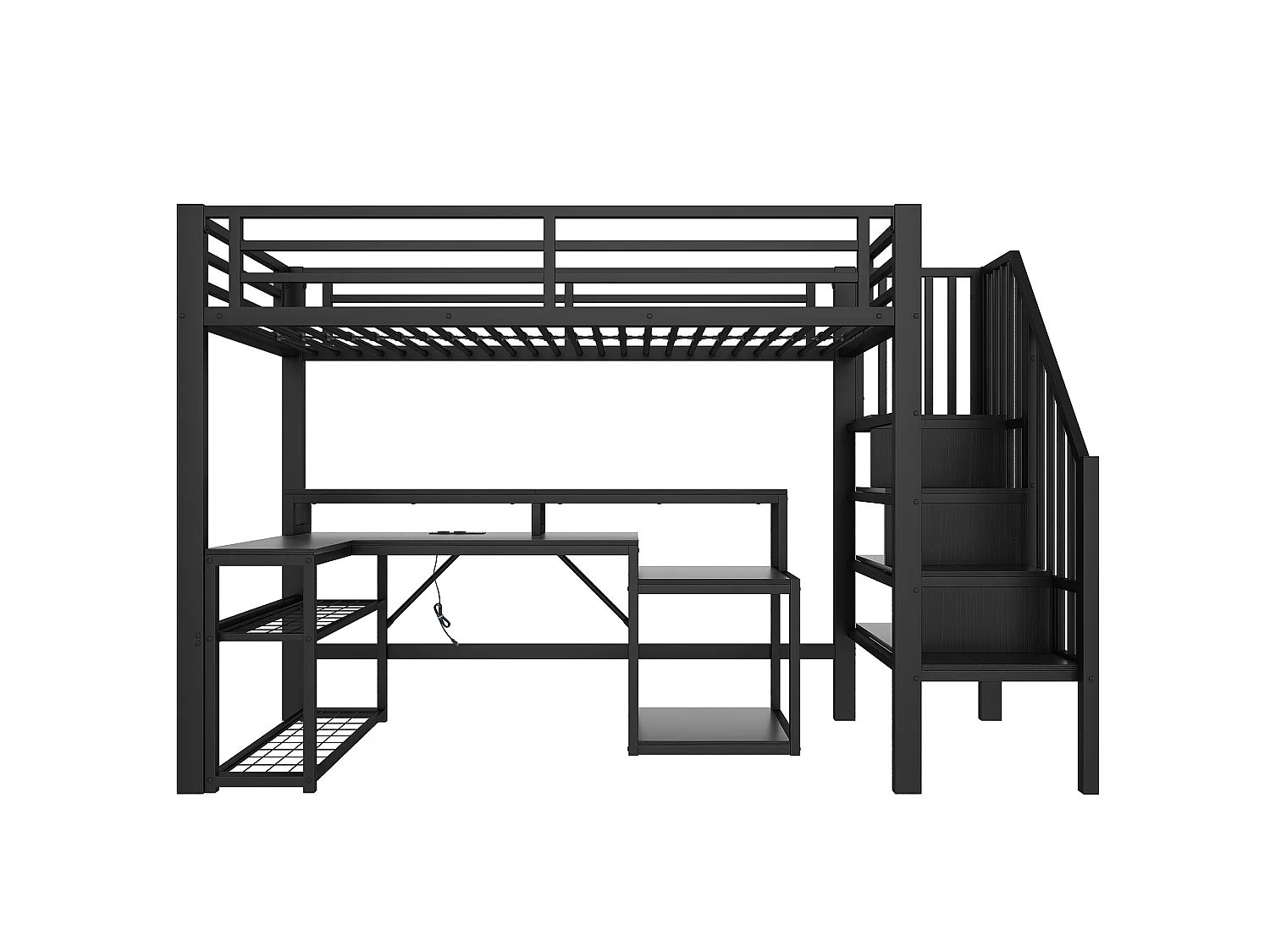 Łóżko na antresoli 90x200 cm - z drabiną bezpieczeństwa - z taśmą LED + biurkiem - z portem USB - czarny​ (materac nie jest wliczony w cenę)