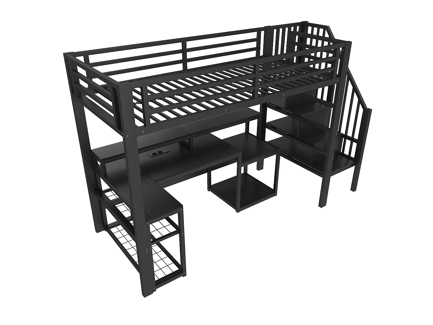 Łóżko na antresoli 90x200 cm - z drabiną bezpieczeństwa - z taśmą LED + biurkiem - z portem USB - czarny​ (materac nie jest wliczony w cenę)