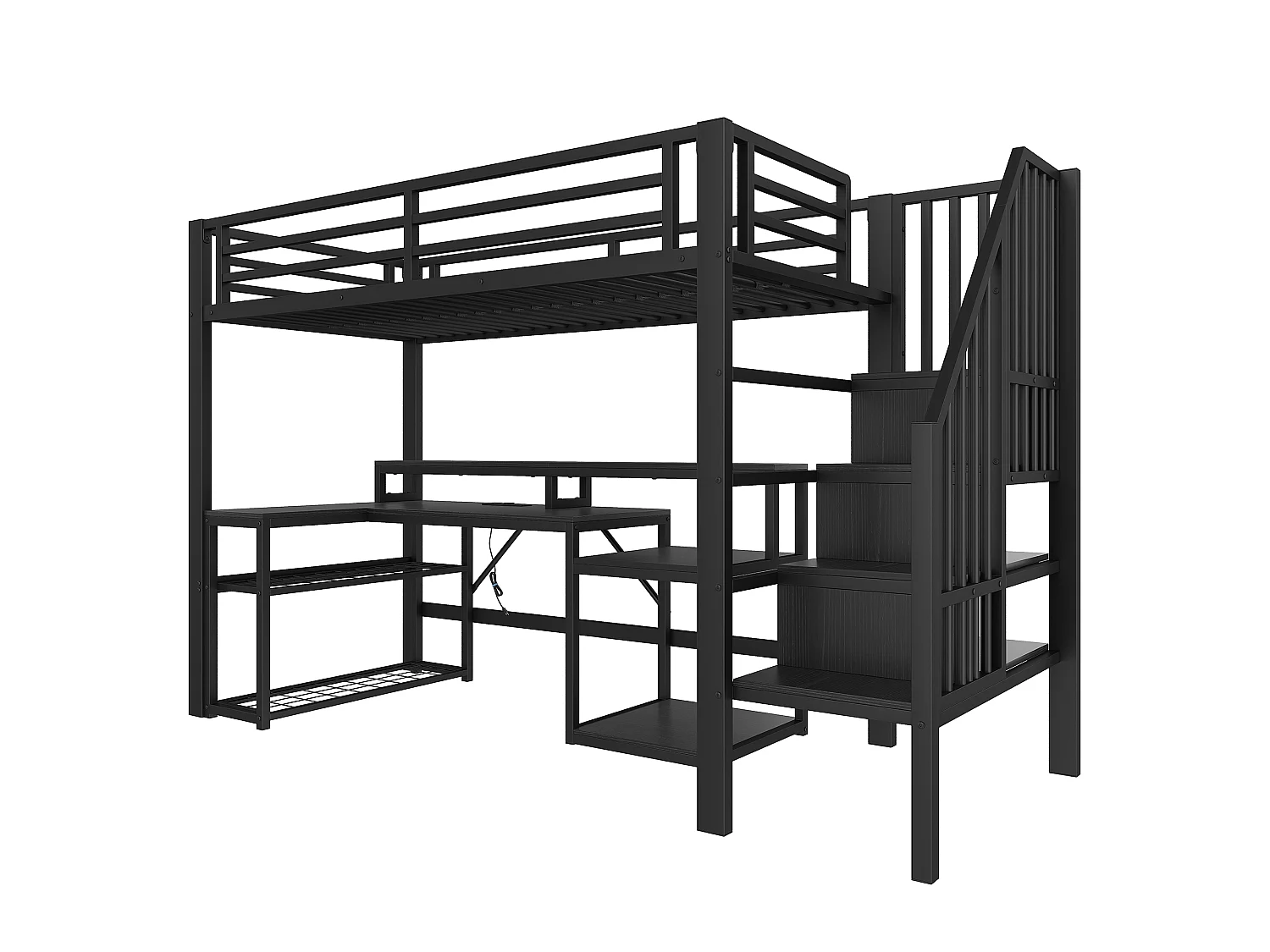 Łóżko na antresoli 90x200 cm - z drabiną bezpieczeństwa - z taśmą LED + biurkiem - z portem USB - czarny​ (materac nie jest wliczony w cenę)