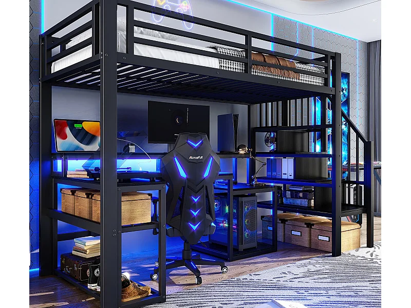 Letto soppalcato 90x200 cm - con scala di sicurezza - con striscia luminosa LED + scrivania - con porta USB - nero​ (materasso non incluso)