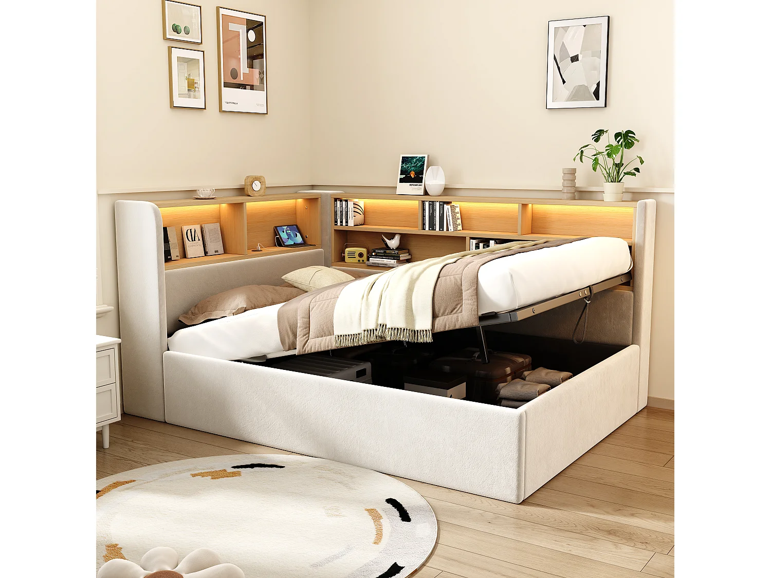Canapé-lit coffre rembourré 90x200cm - avec LED et port USB - avec compartiments de rangement - Tissu velours - Beige (Matelas non inclus)