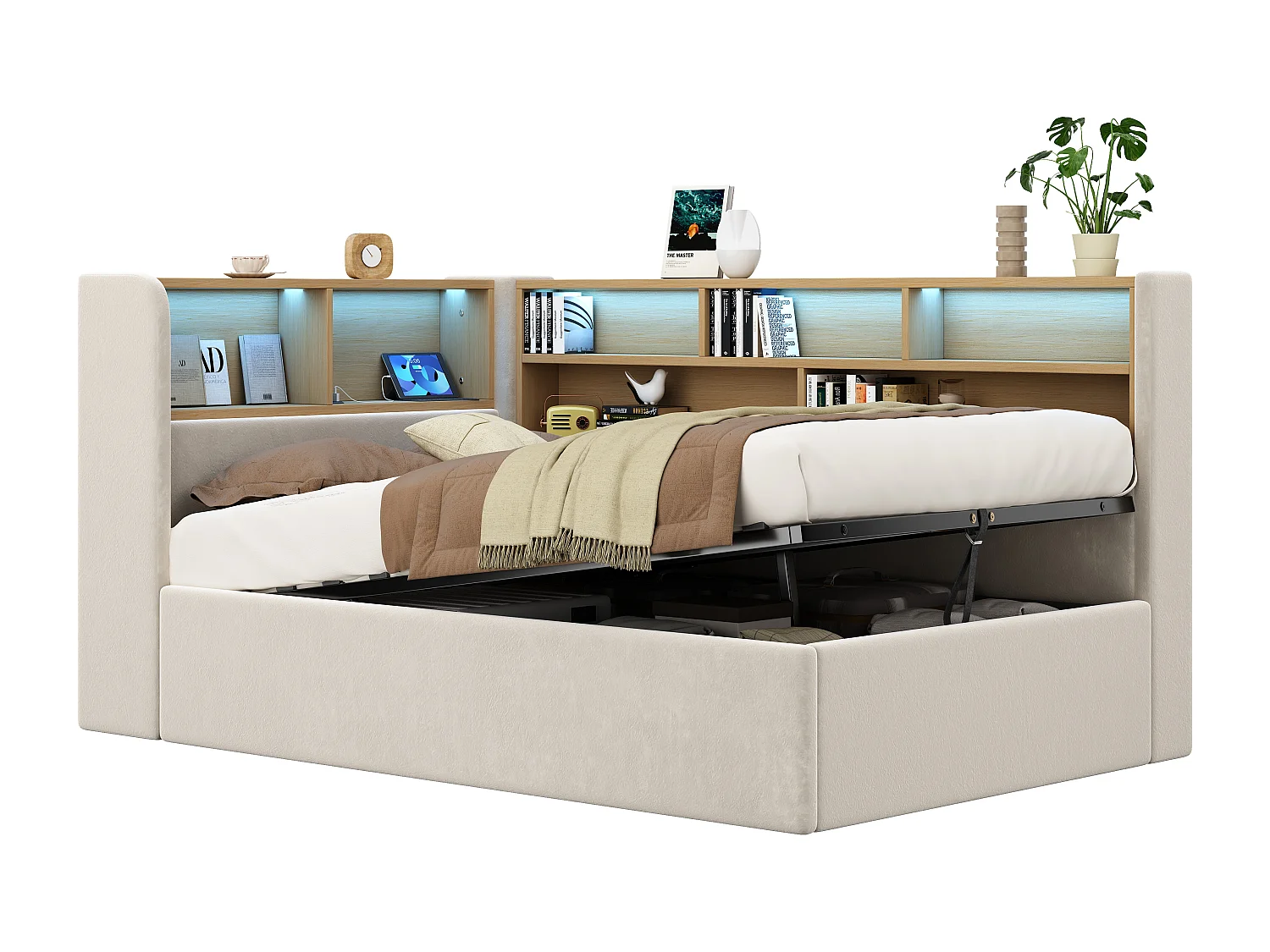 Canapé-lit coffre rembourré 90x200cm - avec LED et port USB - avec compartiments de rangement - Tissu velours - Beige (Matelas non inclus)