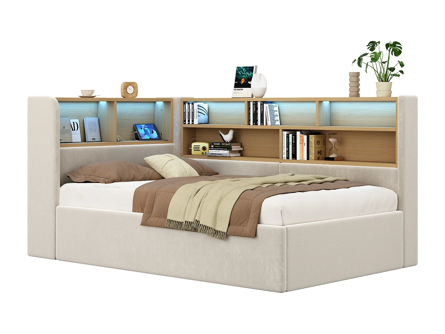 Canapé-lit coffre rembourré 90x200cm - avec LED et port USB - avec compartiments de rangement - Tissu velours - Beige (Matelas non inclus)