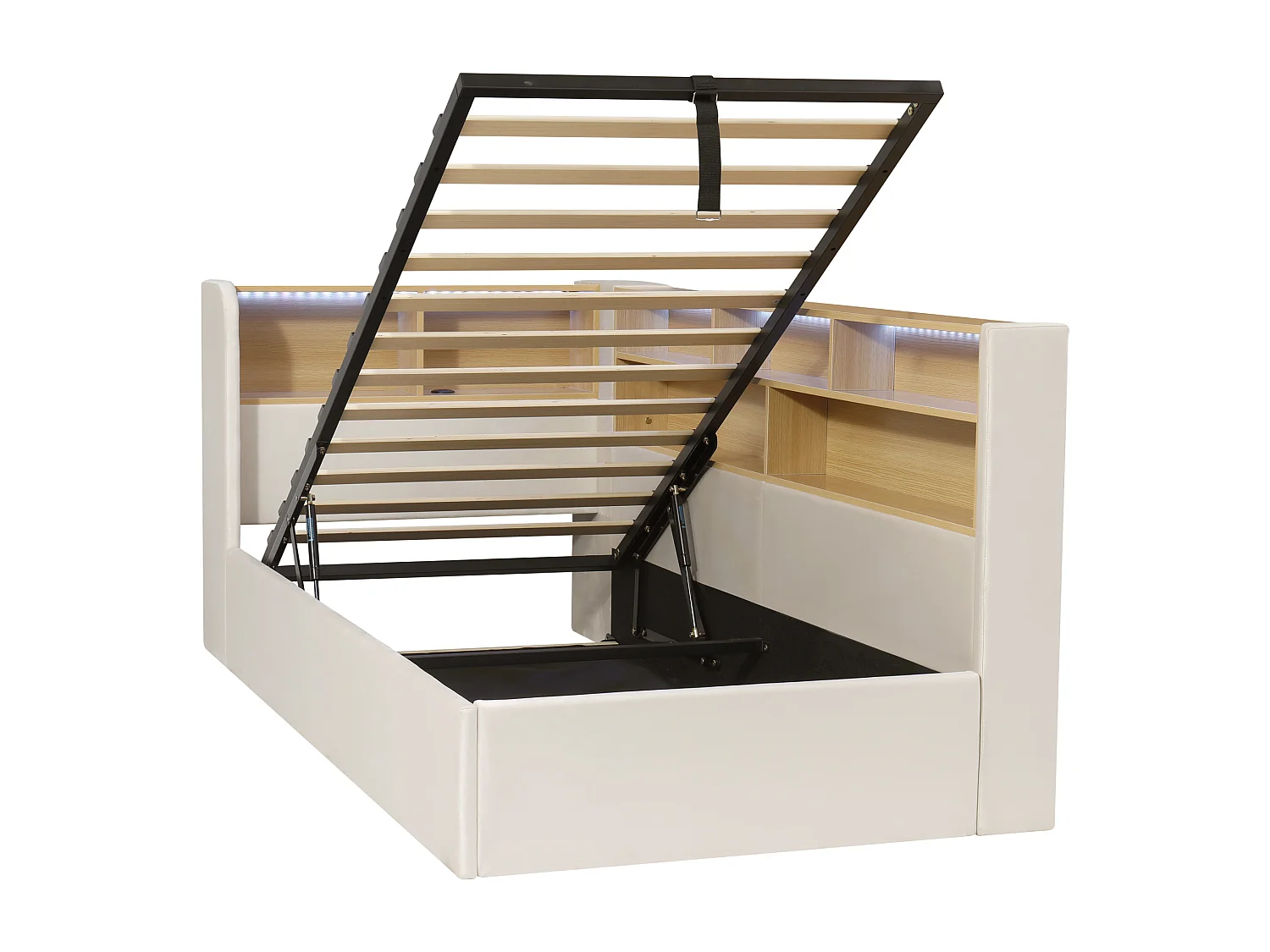 Canapé-lit coffre rembourré 90x200cm - avec LED et port USB - avec compartiments de rangement - Tissu velours - Beige (Matelas non inclus)