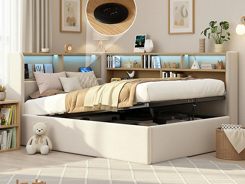 Canapé-lit coffre rembourré 90x200cm - avec LED et port USB - avec compartiments de rangement - Tissu velours - Beige (Matelas non inclus)