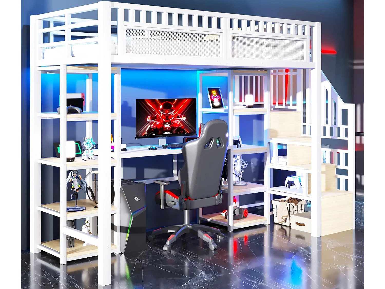 Lit mezzanine 90x200 cm - Échelle de rangement intégrée - Bureau intégré - Bandeau lumineux LED + port USB - Blanc (matelas non inclus)