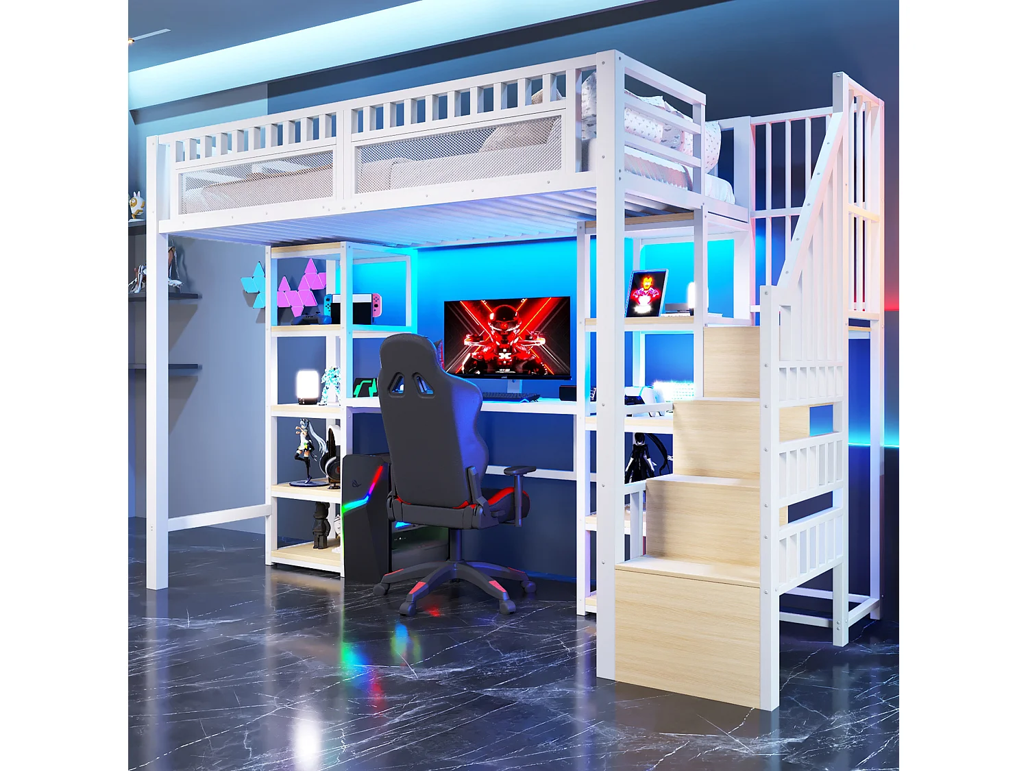 Lit mezzanine 90x200 cm - Échelle de rangement intégrée - Bureau intégré - Bandeau lumineux LED + port USB - Blanc (matelas non inclus)