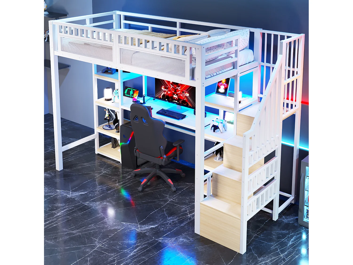 Lit mezzanine 90x200 cm - Échelle de rangement intégrée - Bureau intégré - Bandeau lumineux LED + port USB - Blanc (matelas non inclus)