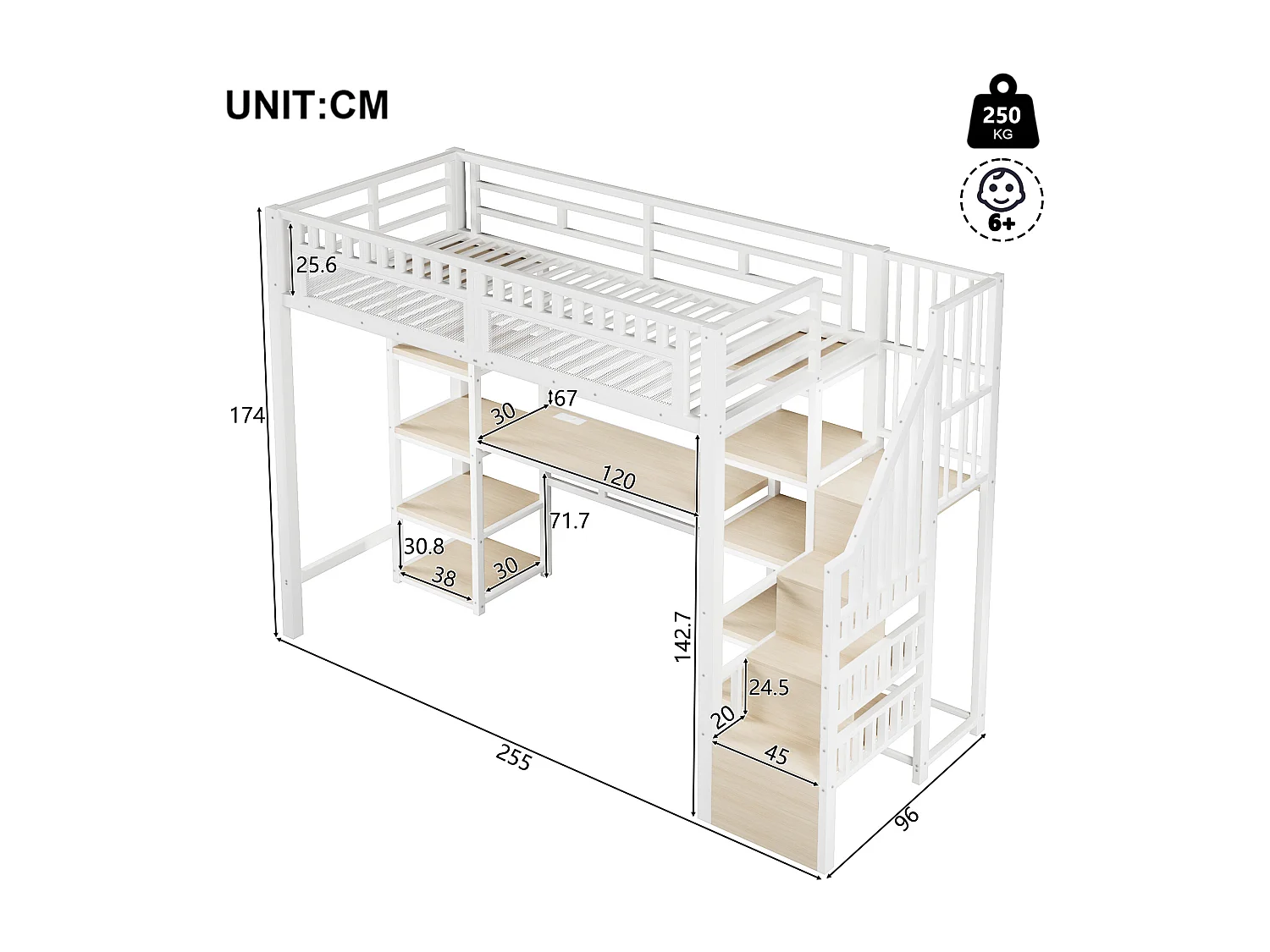 Lit mezzanine 90x200 cm - Échelle de rangement intégrée - Bureau intégré - Bandeau lumineux LED + port USB - Blanc (matelas non inclus)