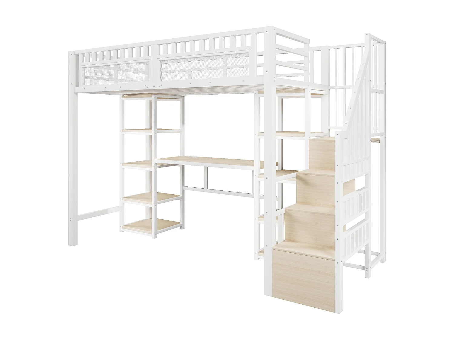 Lit mezzanine 90x200 cm - Échelle de rangement intégrée - Bureau intégré - Bandeau lumineux LED + port USB - Blanc (matelas non inclus)