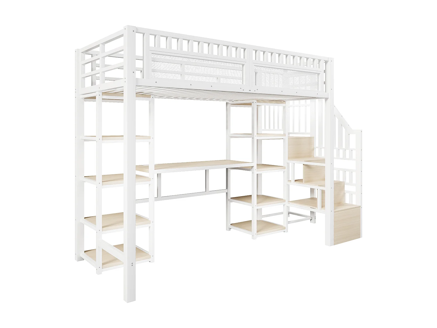 Lit mezzanine 90x200 cm - Échelle de rangement intégrée - Bureau intégré - Bandeau lumineux LED + port USB - Blanc (matelas non inclus)