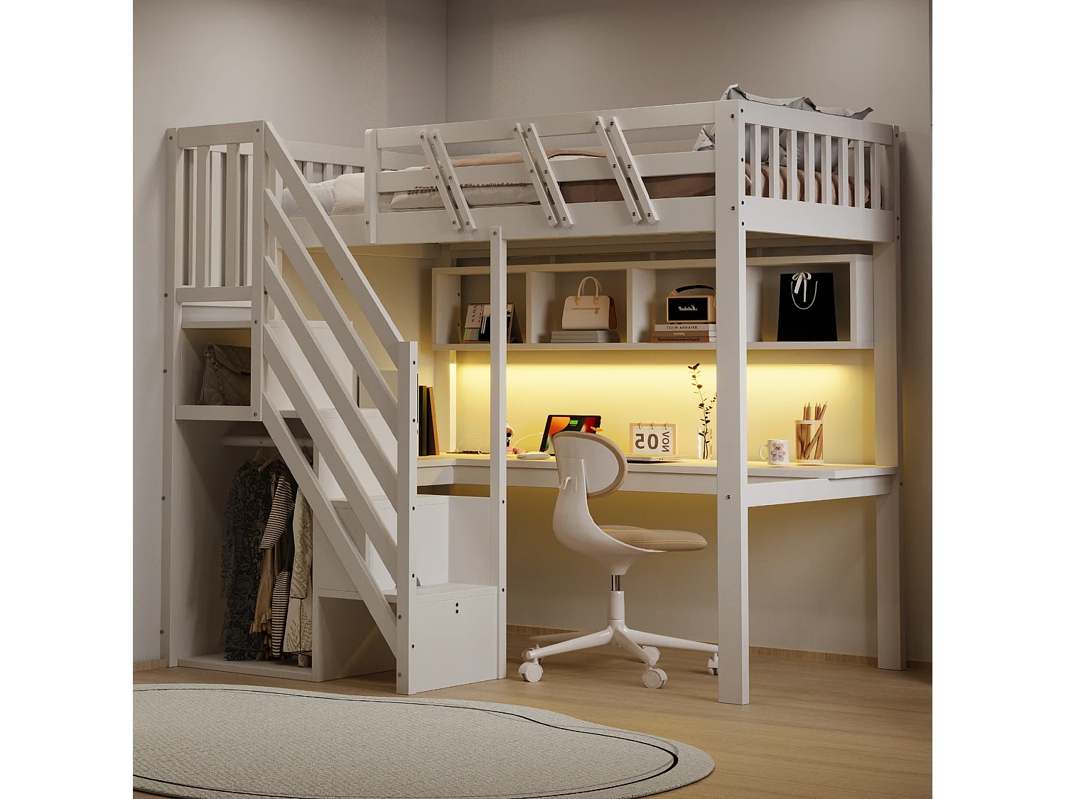 Hochbett 90x200cm - mit Aufstiegsleiter mit Stauraum - mit Schreibtisch - USB-Anschluss - mit LED-Beleuchtung - weiß​ (Matratze nicht inbegriffen)