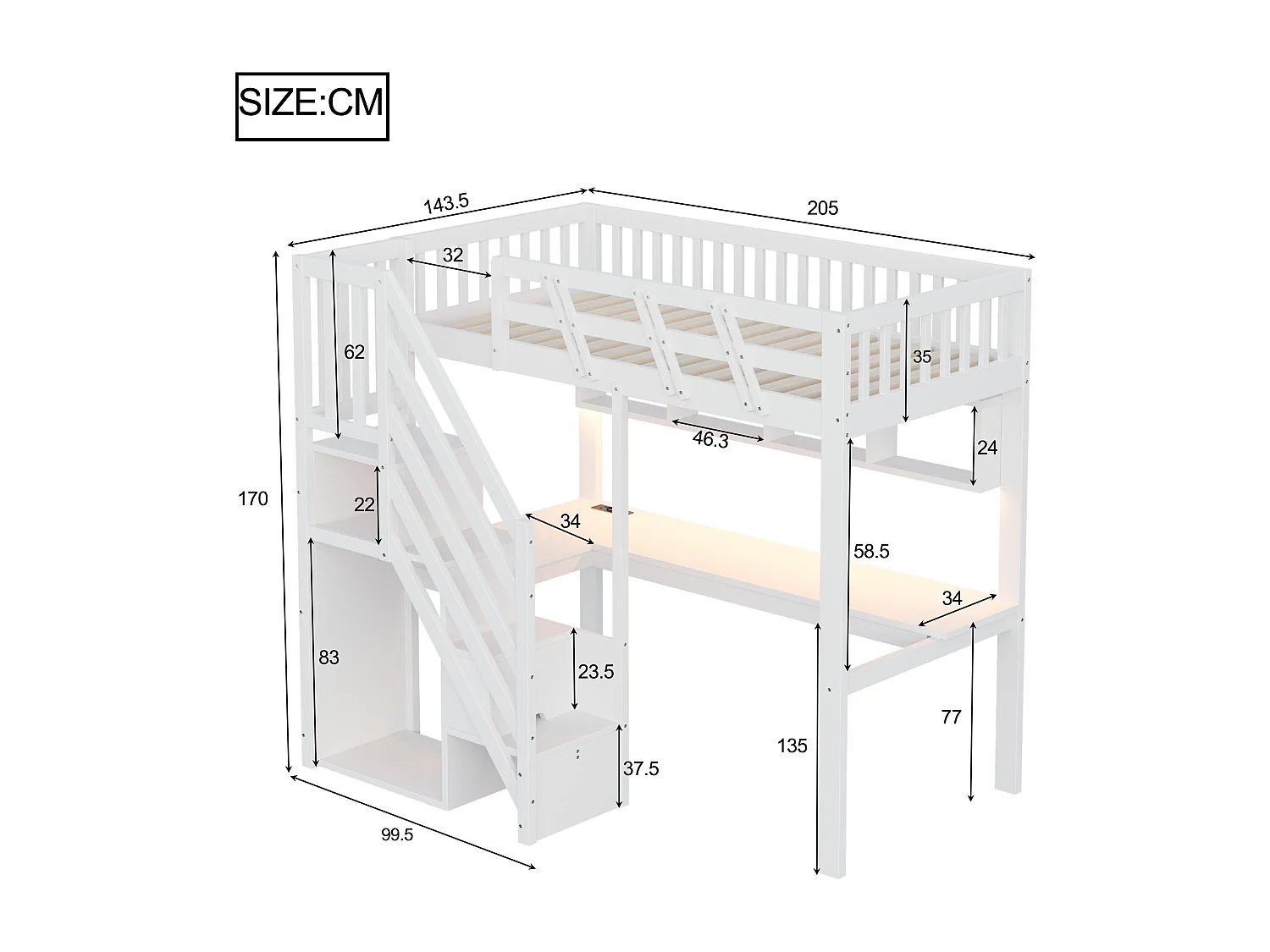 Hochbett 90x200cm - mit Aufstiegsleiter mit Stauraum - mit Schreibtisch - USB-Anschluss - mit LED-Beleuchtung - weiß​ (Matratze nicht inbegriffen)