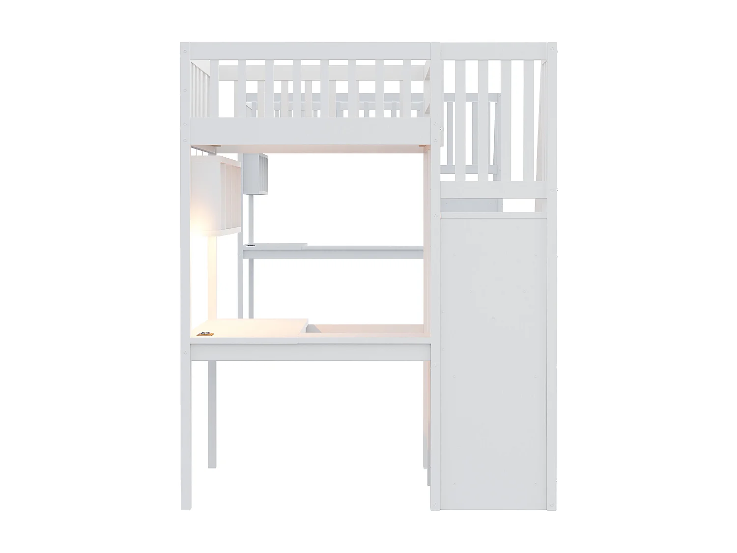 Hochbett 90x200cm - mit Aufstiegsleiter mit Stauraum - mit Schreibtisch - USB-Anschluss - mit LED-Beleuchtung - weiß​ (Matratze nicht inbegriffen)