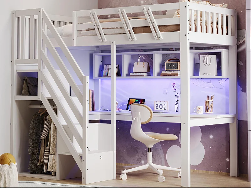 Hochbett 90x200cm - mit Aufstiegsleiter mit Stauraum - mit Schreibtisch - USB-Anschluss - mit LED-Beleuchtung - weiß​ (Matratze nicht inbegriffen)