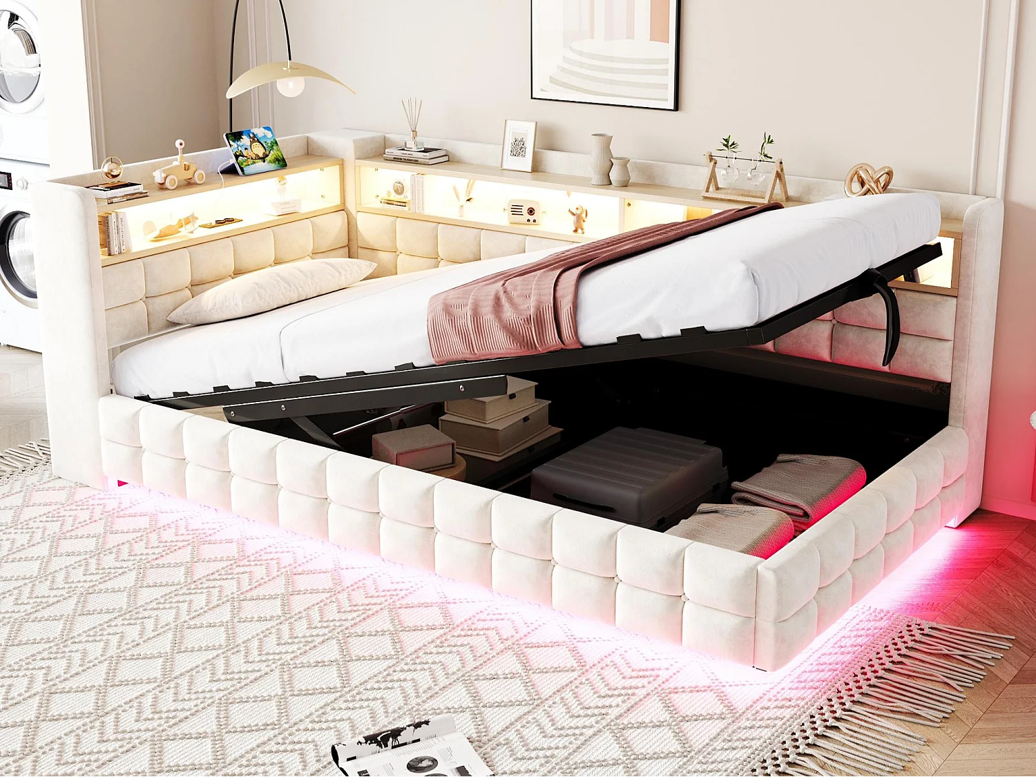 Canapé-lit coffre capitonné 90x200 cm - avec lumière LED - avec prise électrique + port USB + port de charge Type-C - Beige (matelas non inclus)