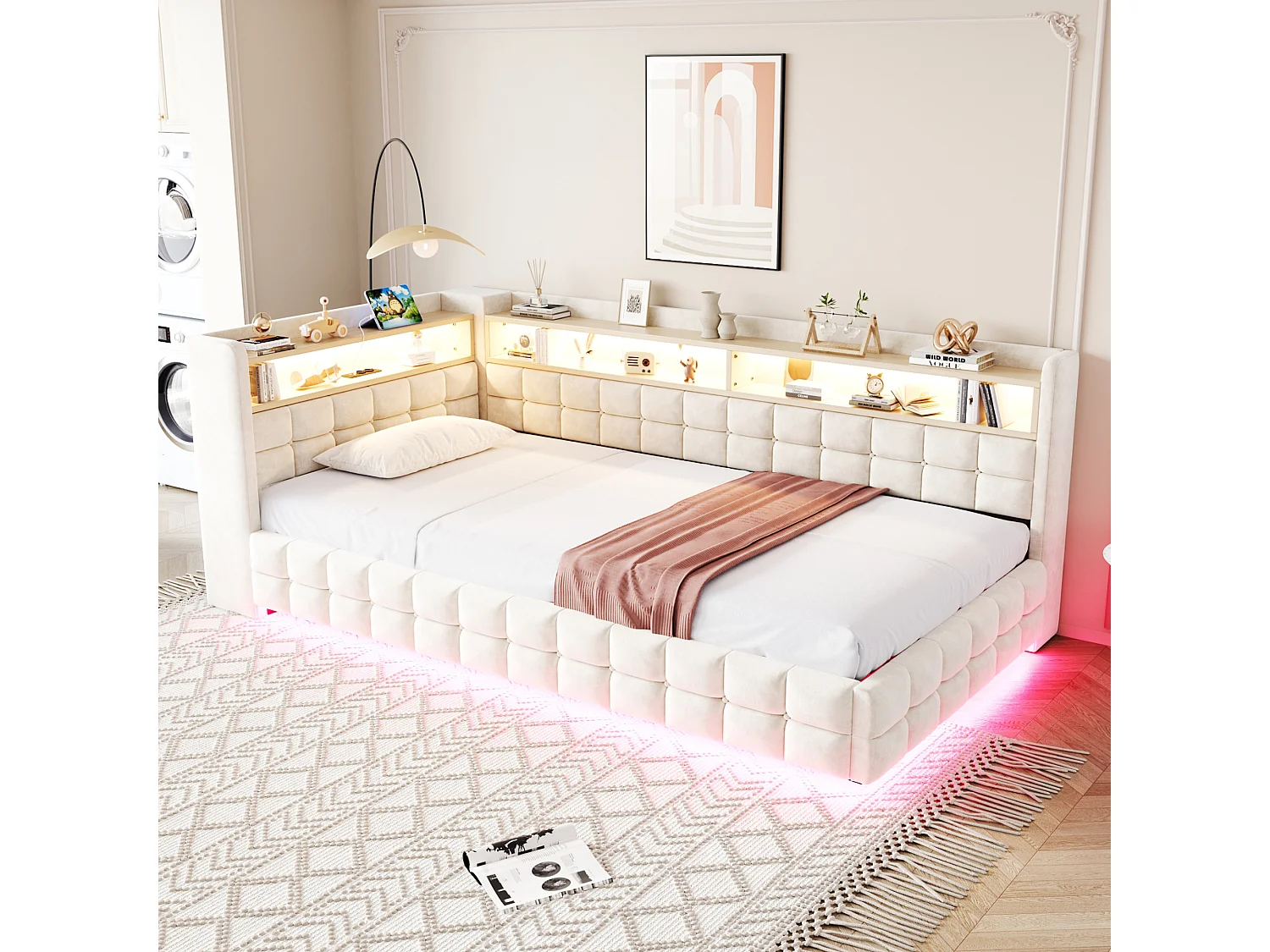 Canapé-lit coffre capitonné 90x200 cm - avec lumière LED - avec prise électrique + port USB + port de charge Type-C - Beige (matelas non inclus)