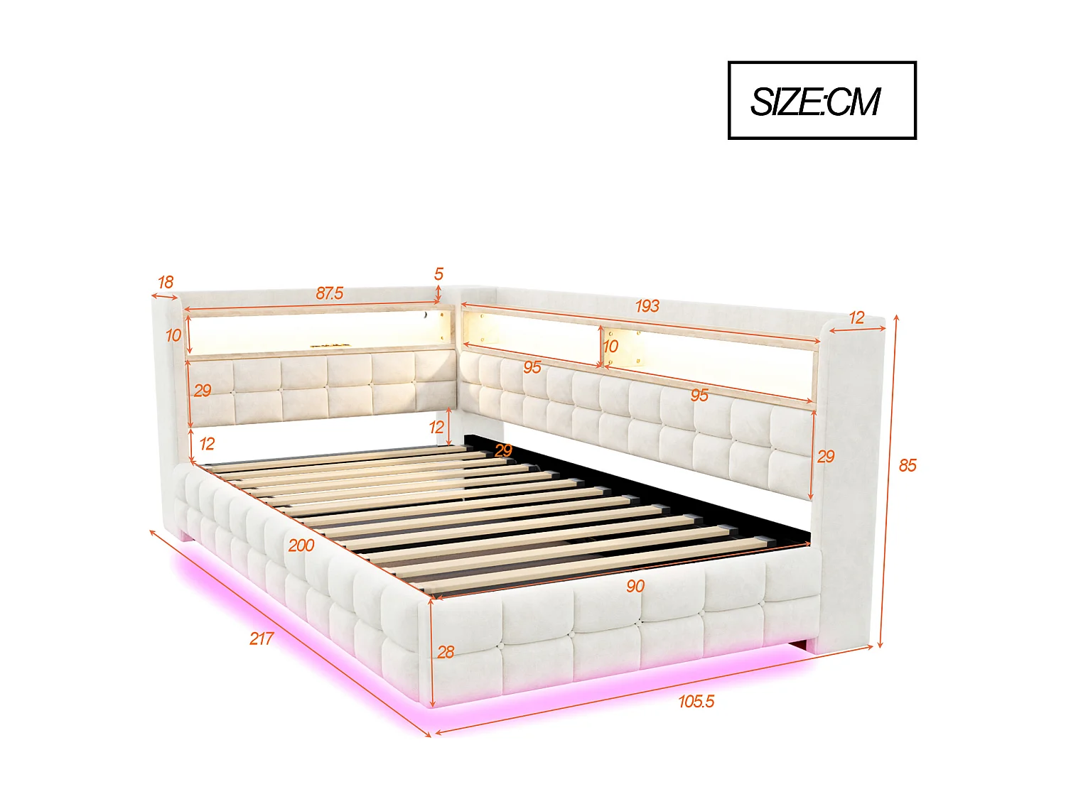 Canapé-lit coffre capitonné 90x200 cm - avec lumière LED - avec prise électrique + port USB + port de charge Type-C - Beige (matelas non inclus)