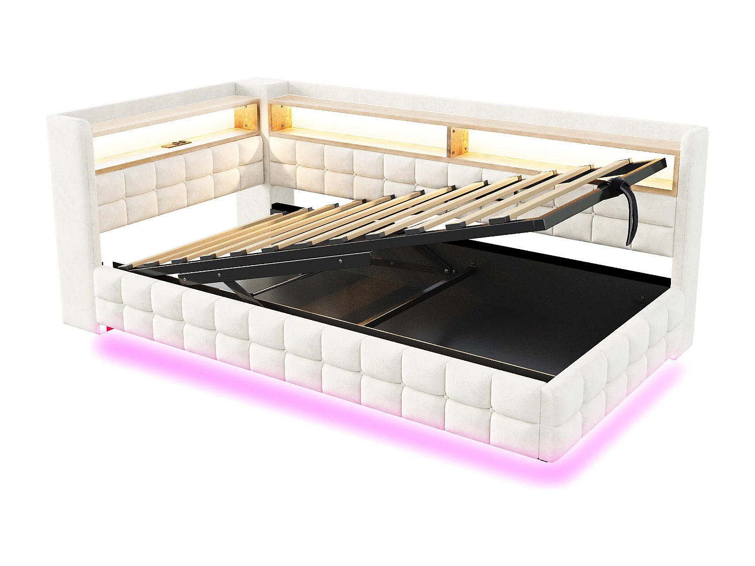 Canapé-lit coffre capitonné 90x200 cm - avec lumière LED - avec prise électrique + port USB + port de charge Type-C - Beige (matelas non inclus)