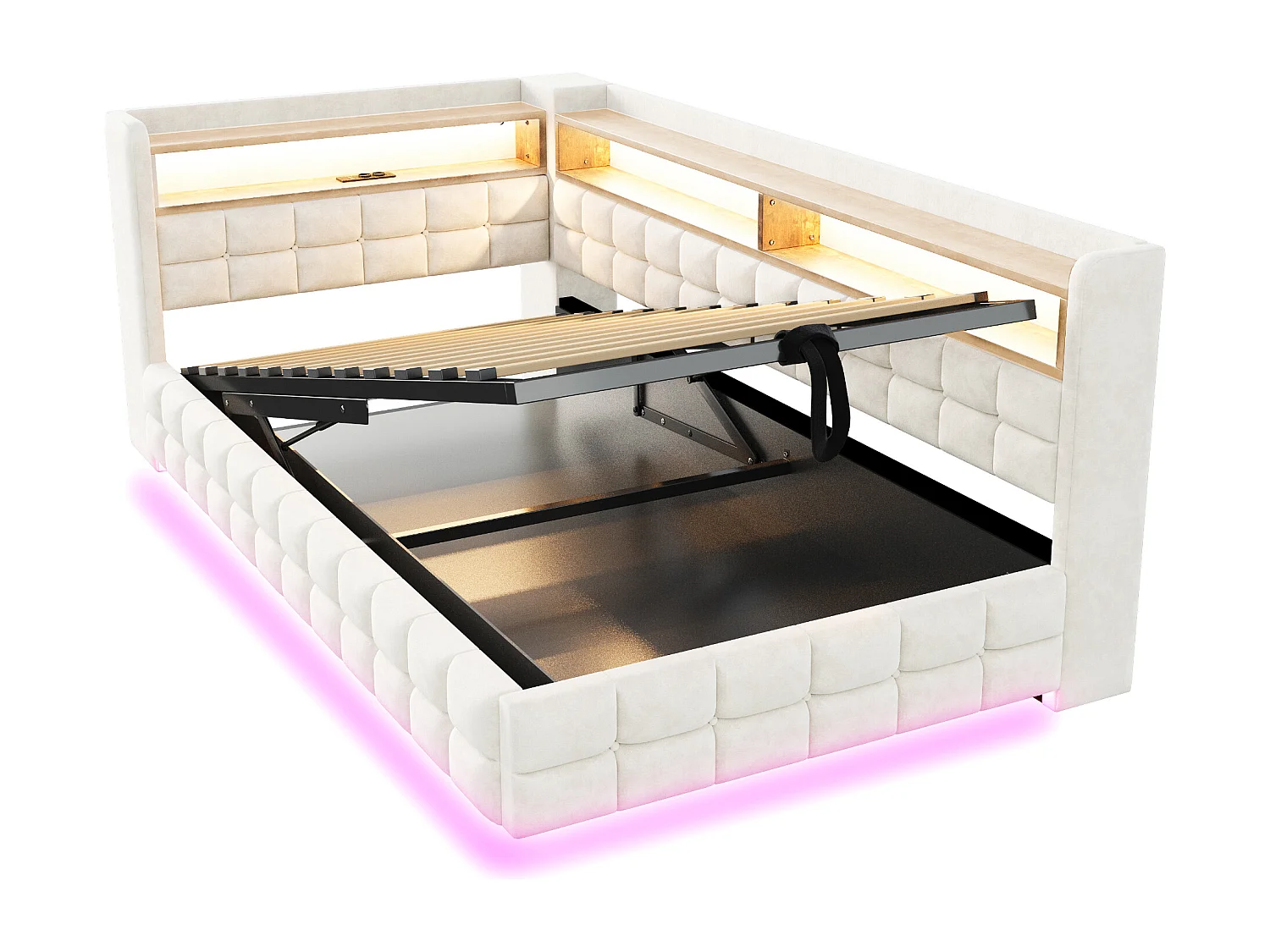 Canapé-lit coffre capitonné 90x200 cm - avec lumière LED - avec prise électrique + port USB + port de charge Type-C - Beige (matelas non inclus)