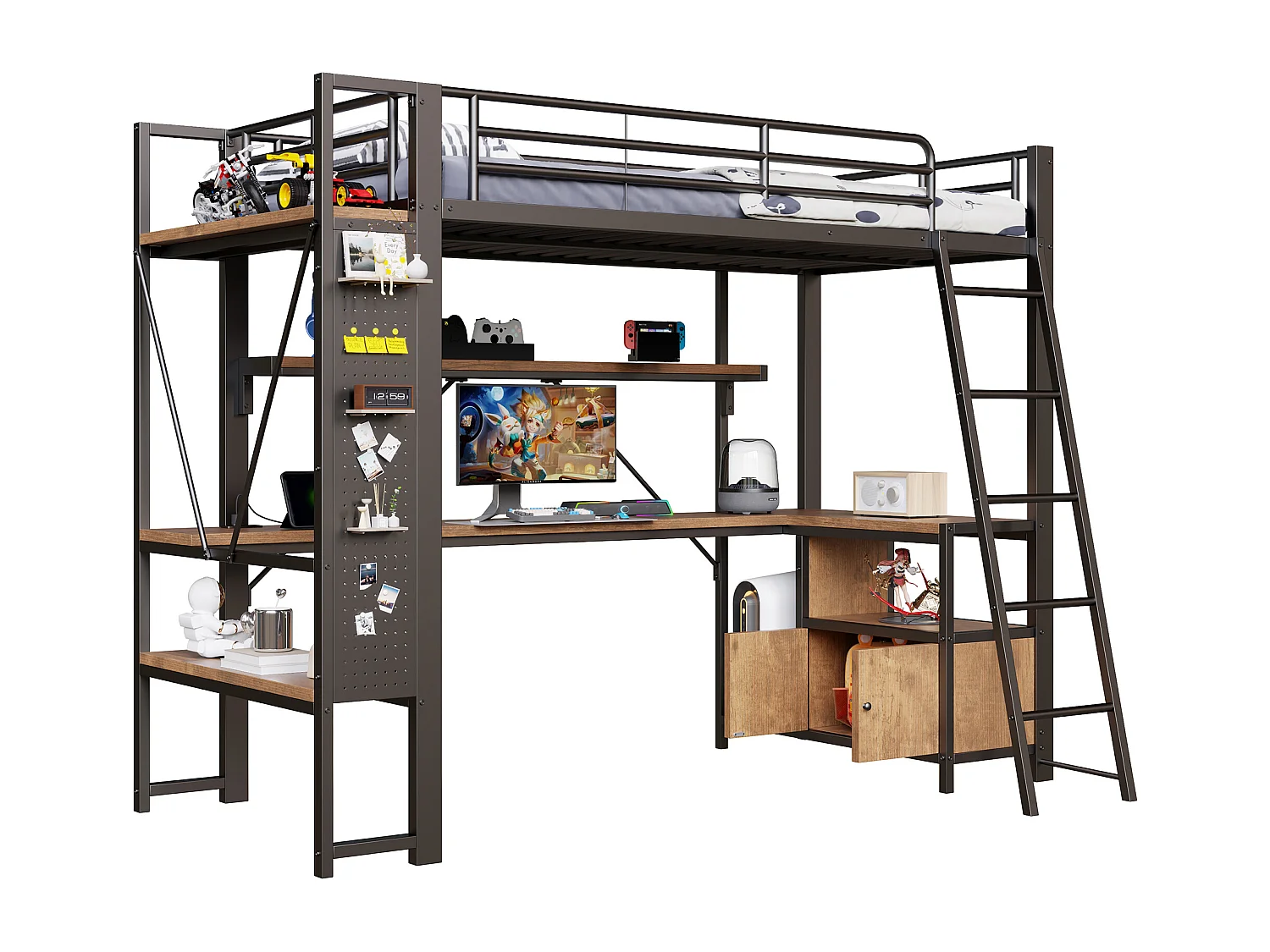 Lit mezzanine 90x200 cm - Structure en fer - Éclairage LED - Bureau avec étagère - Port USB - Noir (matelas non inclus)