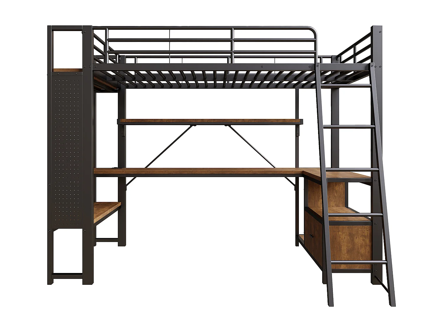 Lit mezzanine 90x200 cm - Structure en fer - Éclairage LED - Bureau avec étagère - Port USB - Noir (matelas non inclus)
