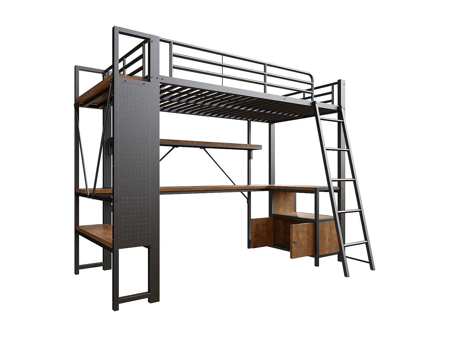 Lit mezzanine 90x200 cm - Structure en fer - Éclairage LED - Bureau avec étagère - Port USB - Noir (matelas non inclus)