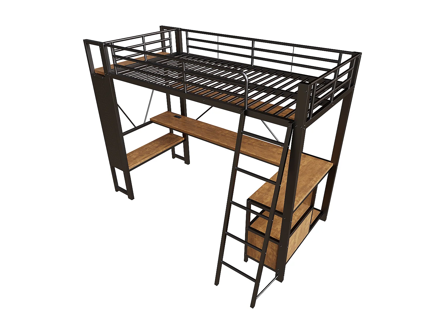Lit mezzanine 90x200 cm - Structure en fer - Éclairage LED - Bureau avec étagère - Port USB - Noir (matelas non inclus)