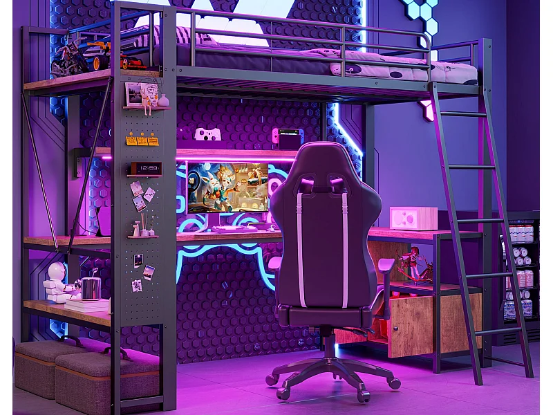 Letto soppalcato 90x200 cm - Struttura in ferro - Illuminazione LED - Scrivania con ripiano - Porta USB - Nero​ (materasso non incluso)