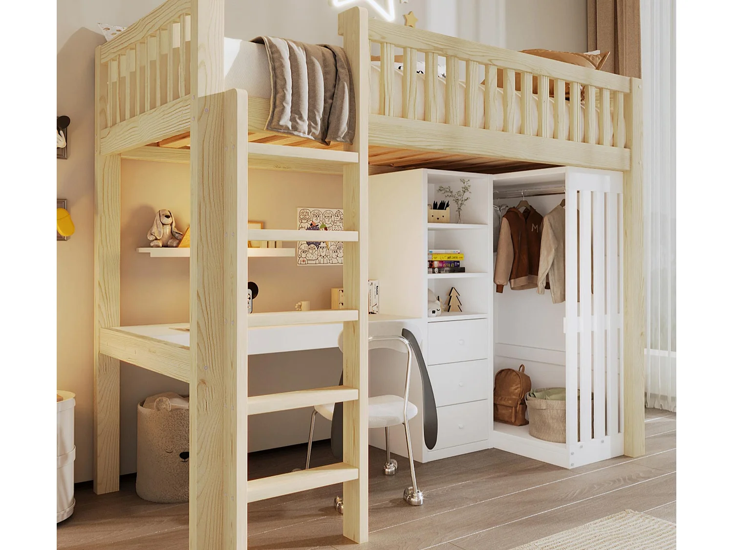 Lit mezzanine 90x200cm - avec bureau + armoire - avec 3 tiroirs - avec escalier - naturel (matelas non inclus)