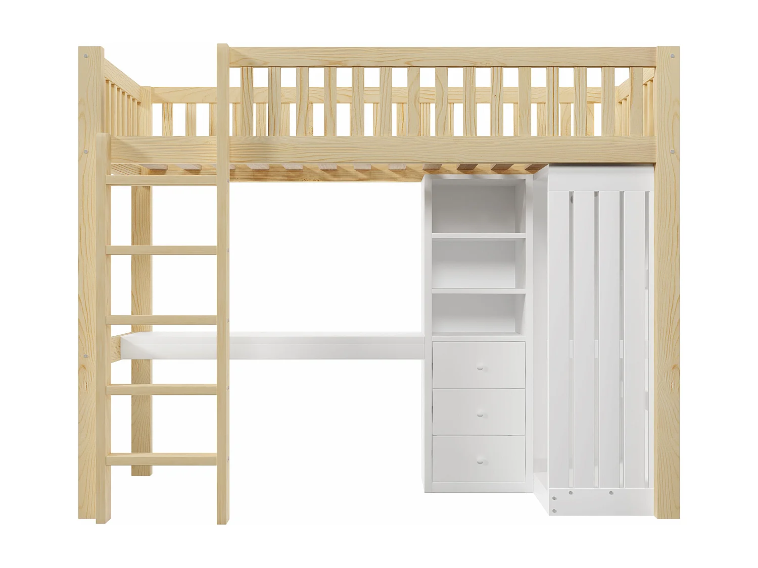 Lit mezzanine 90x200cm - avec bureau + armoire - avec 3 tiroirs - avec escalier - naturel (matelas non inclus)