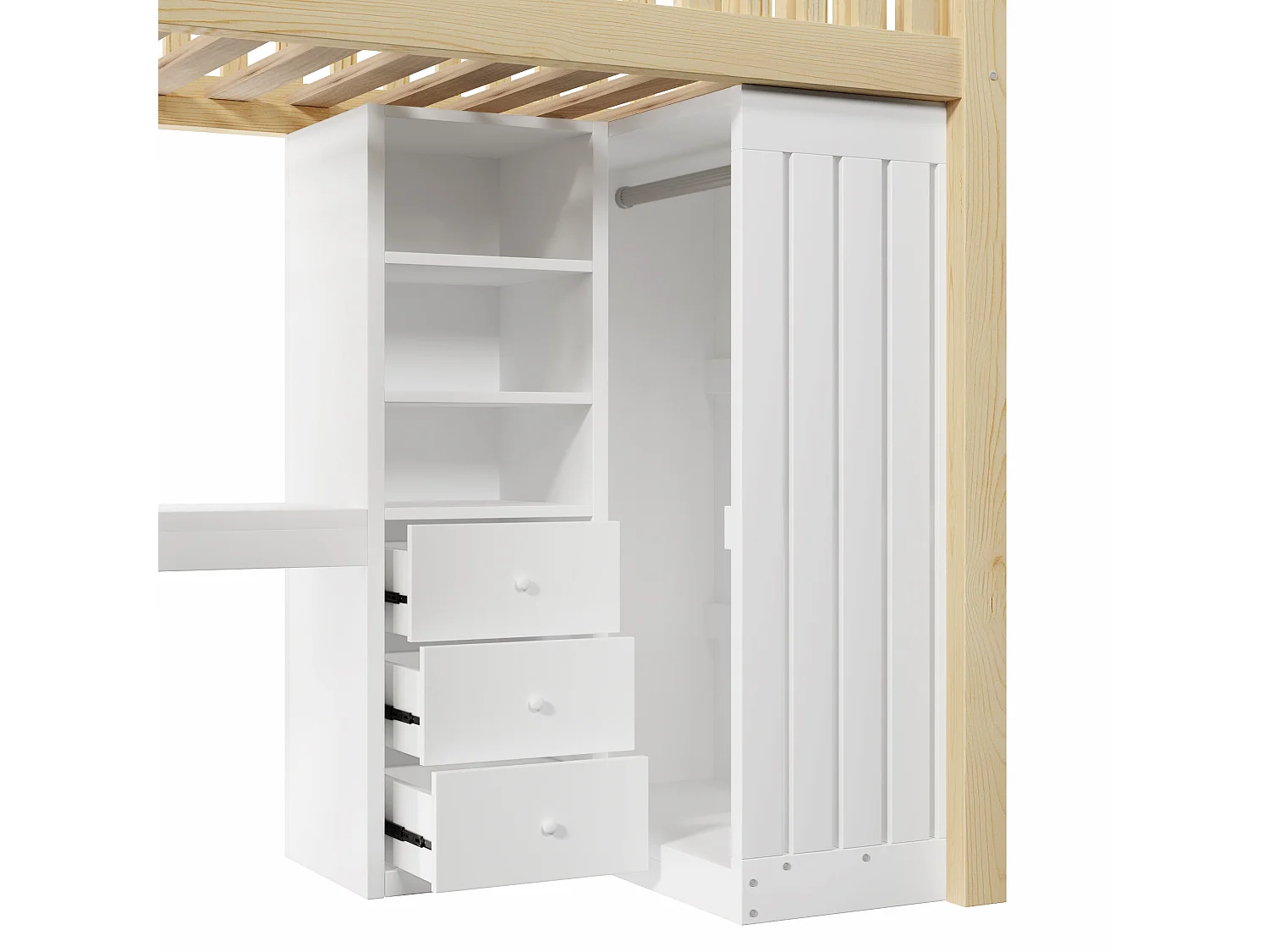 Lit mezzanine 90x200cm - avec bureau + armoire - avec 3 tiroirs - avec escalier - naturel (matelas non inclus)