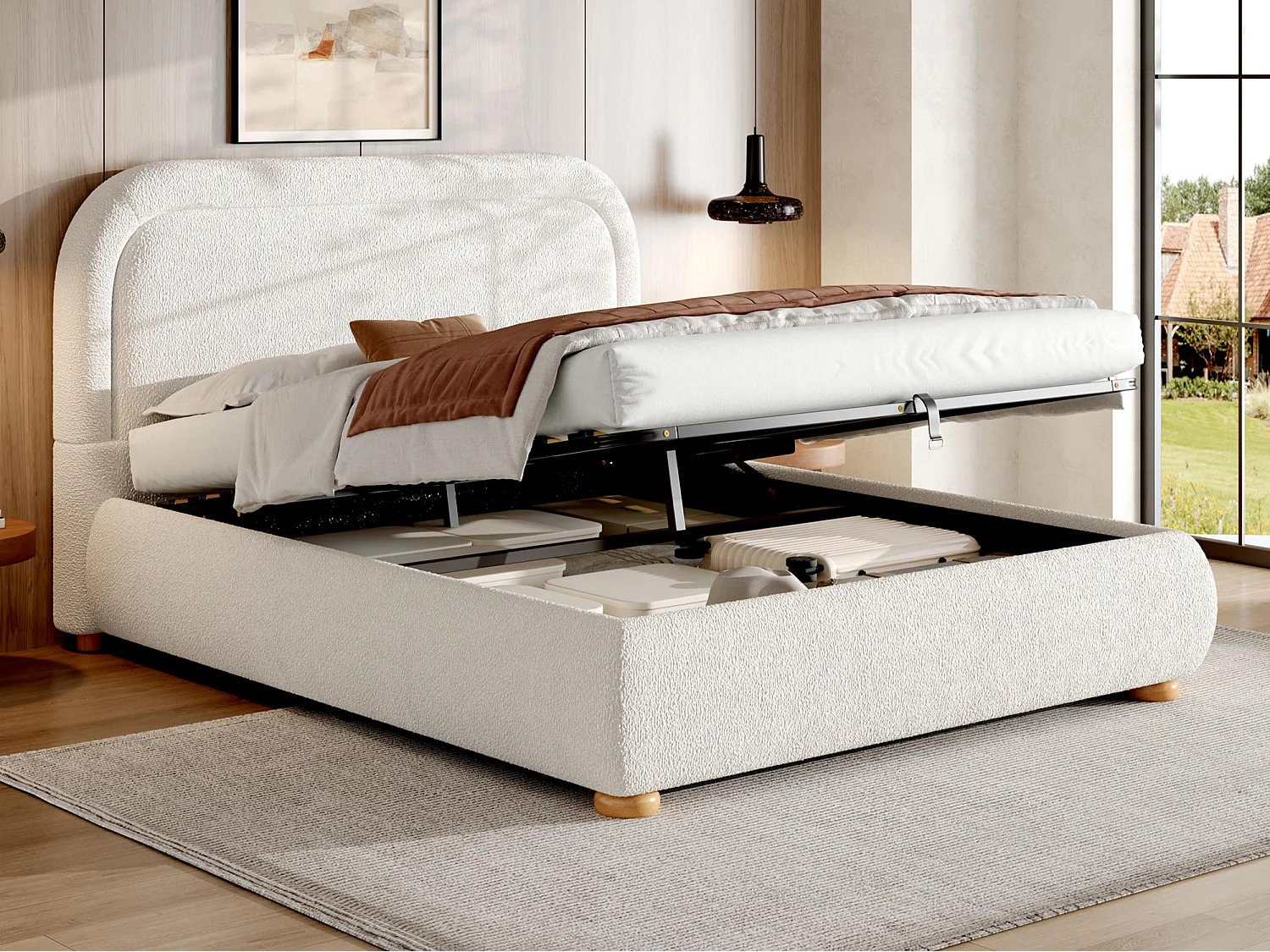 Lit coffre rembourré 160x200 cm - avec sommier à lattes - Tissu bouclé - Blanc (matelas non inclus)